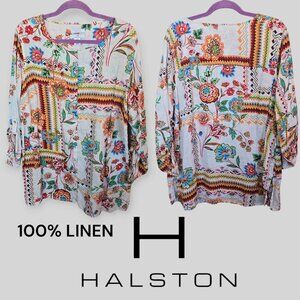 H Halston Blouse Shrit Top 100% Linen Roll Tab Sleeves Woman Plus Size 2X